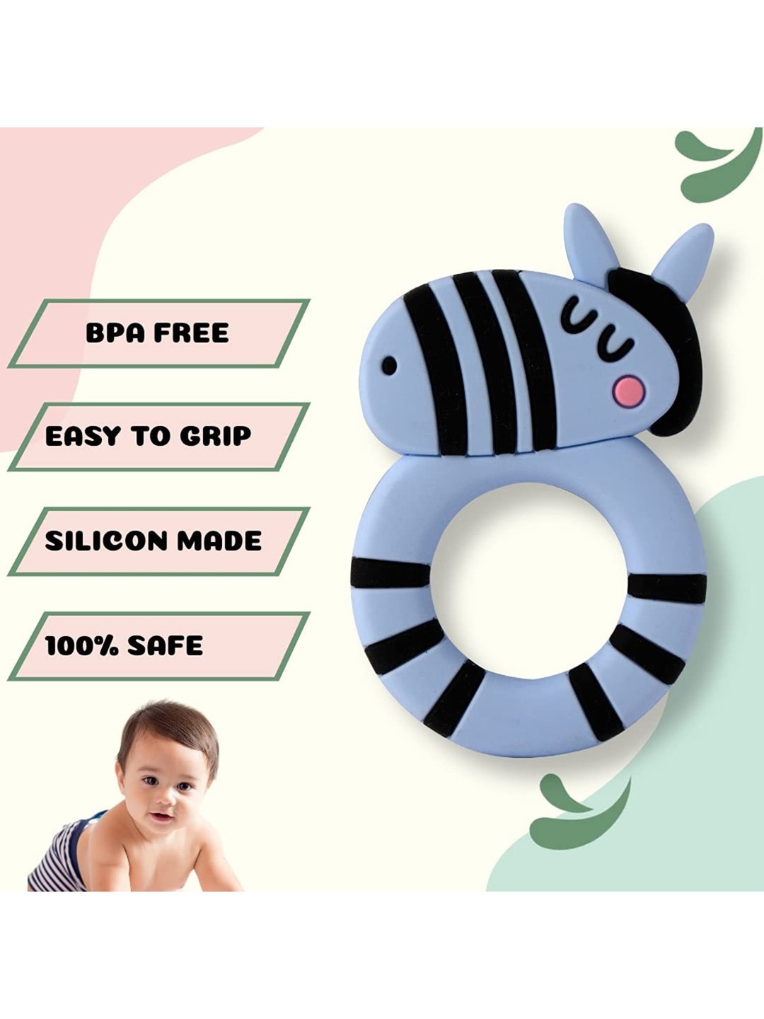 

YOUSTYLO Infant Zebra Shape Silicone Teether Toy, Blue