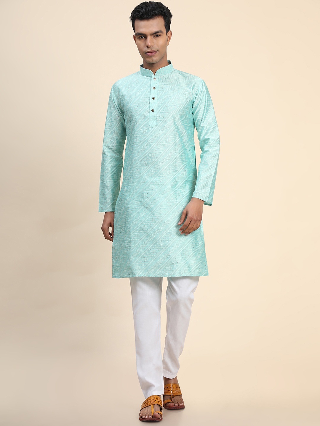 

Ekta Textiles Men Thread Work Pure Cotton Kurta with Churidar, Turquoise blue
