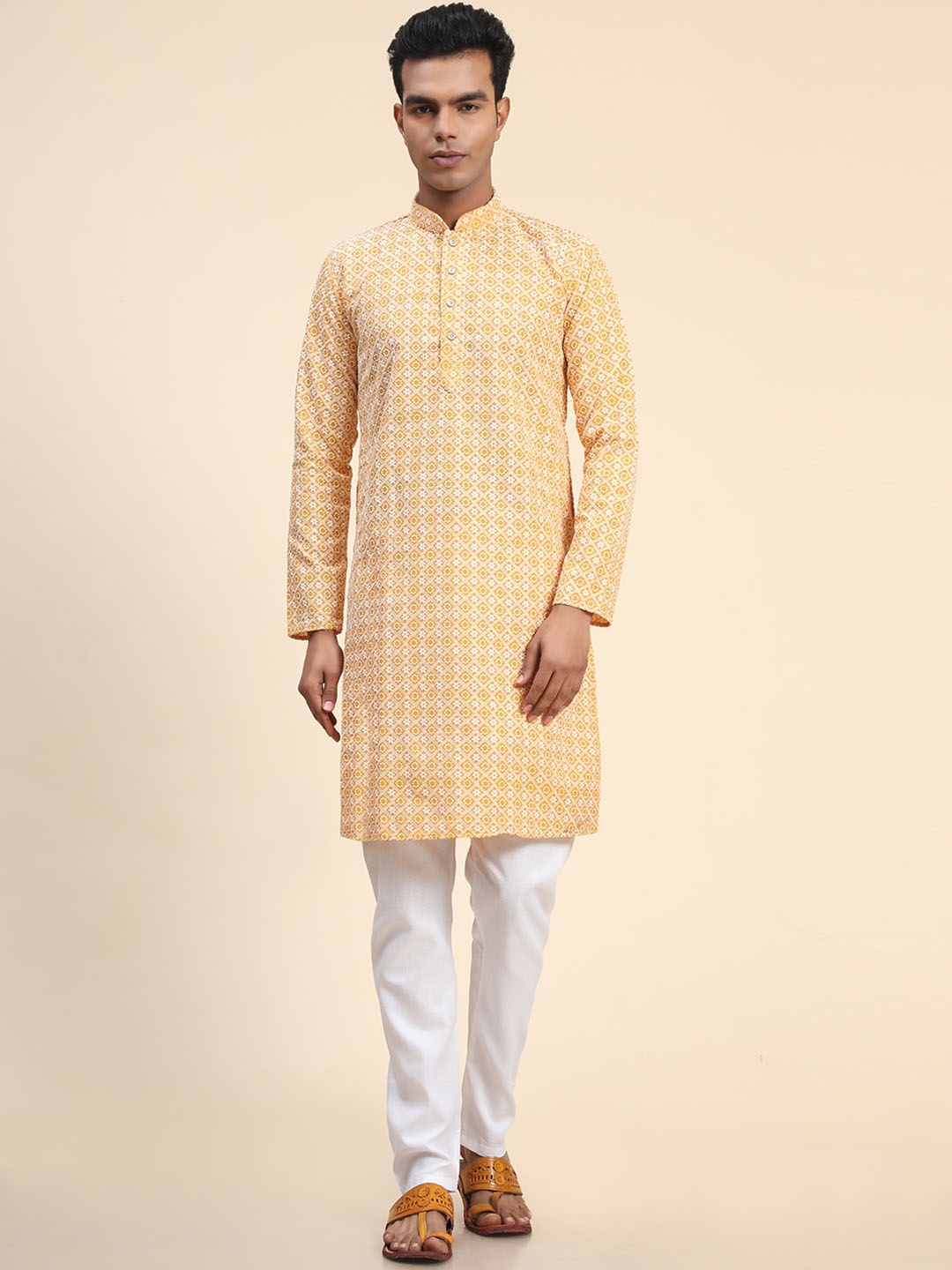 

Ekta Textiles Men Ethnic Motifs Embroidered Mandarin Collar Pure Cotton Kurta with Pyjamas, Yellow