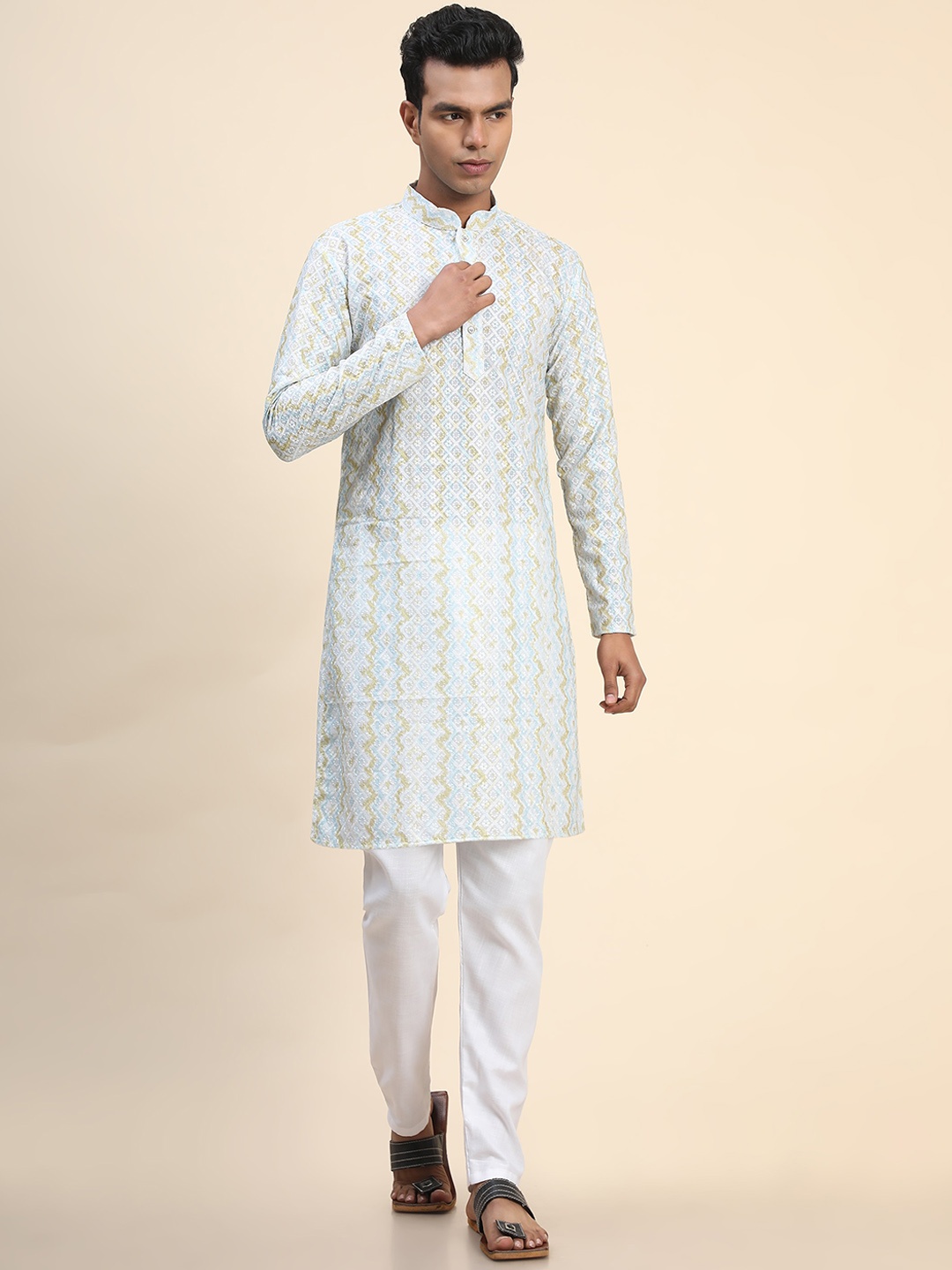 

Ekta Textiles Men Ethnic Motifs Printed Thread Work Pure Cotton Kurta with Pyjamas, White