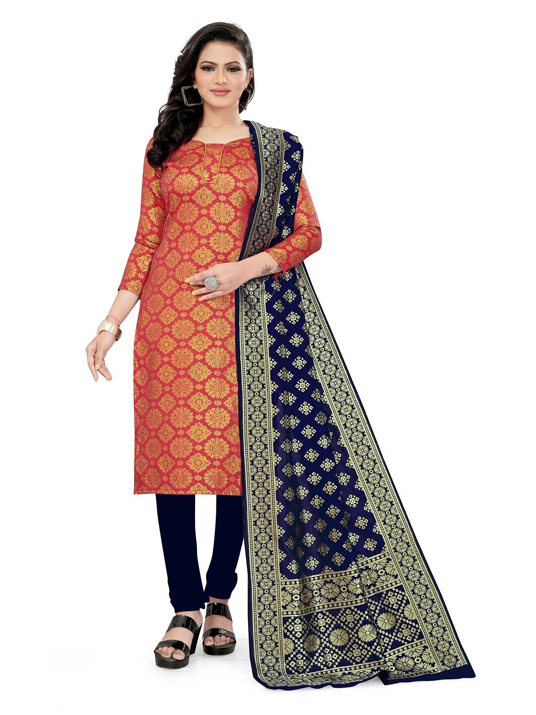 

Angroop Banarasi Silk Unstitched Dress Material, Red