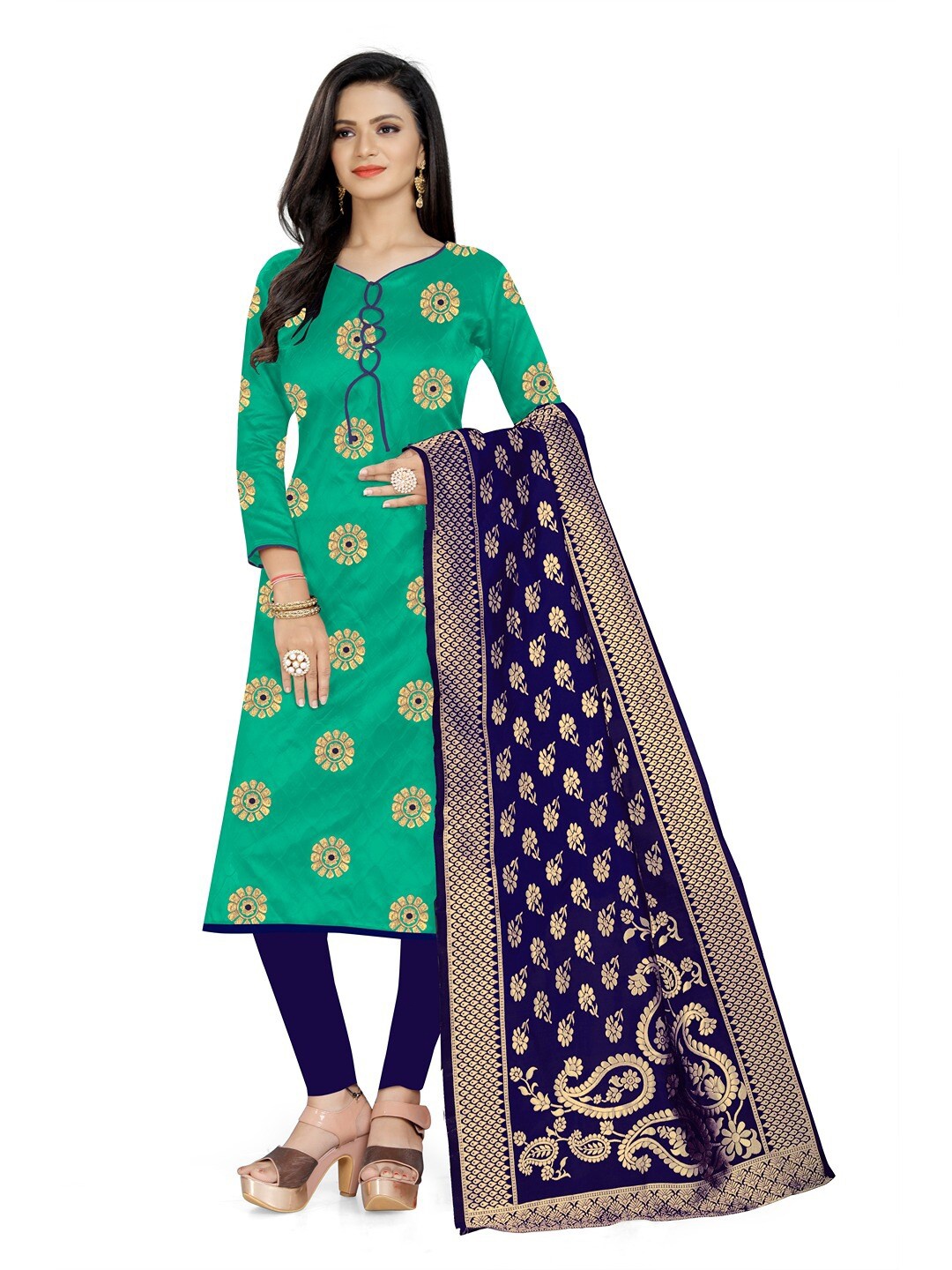 

Angroop Banarasi Silk Unstitched Dress Material, Green