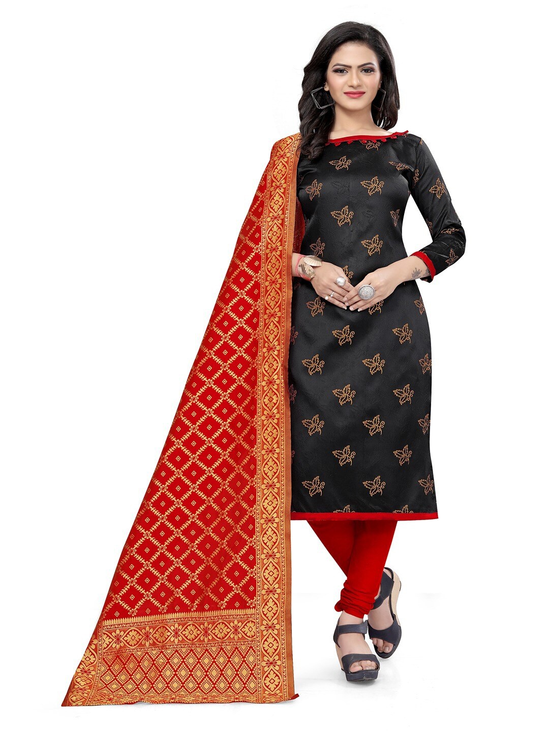 

Angroop Jacquard Work Banarasi Silk Woven Design Unstitched Dress Material, Black