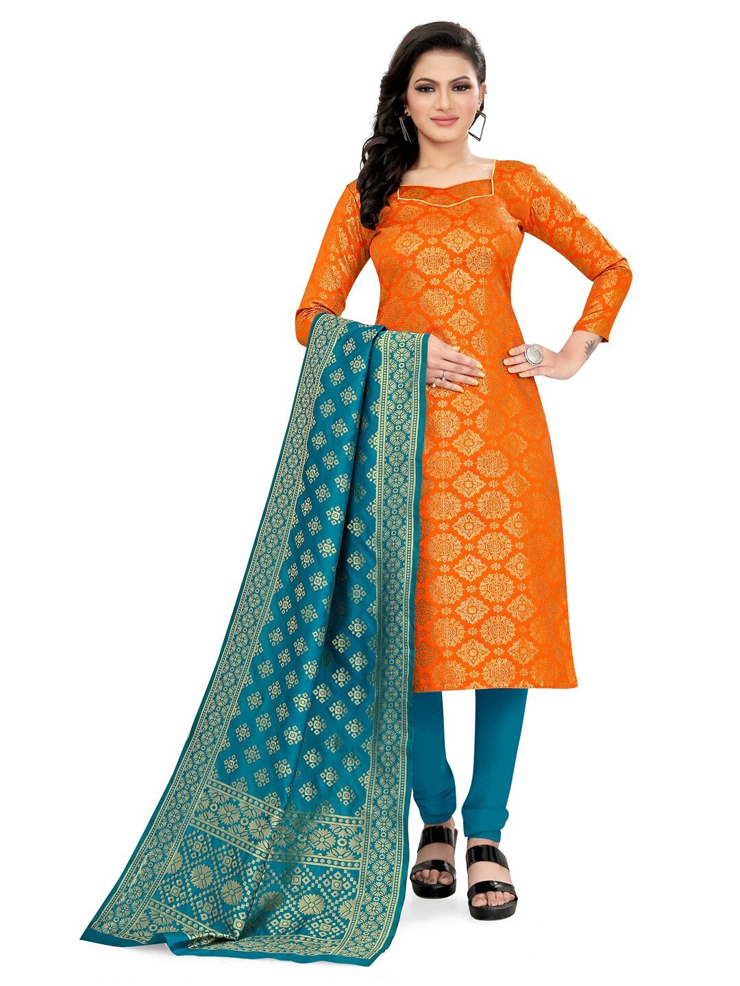 

Angroop Jacquard Work Banarasi Silk Woven Design Unstitched Dress Material, Orange