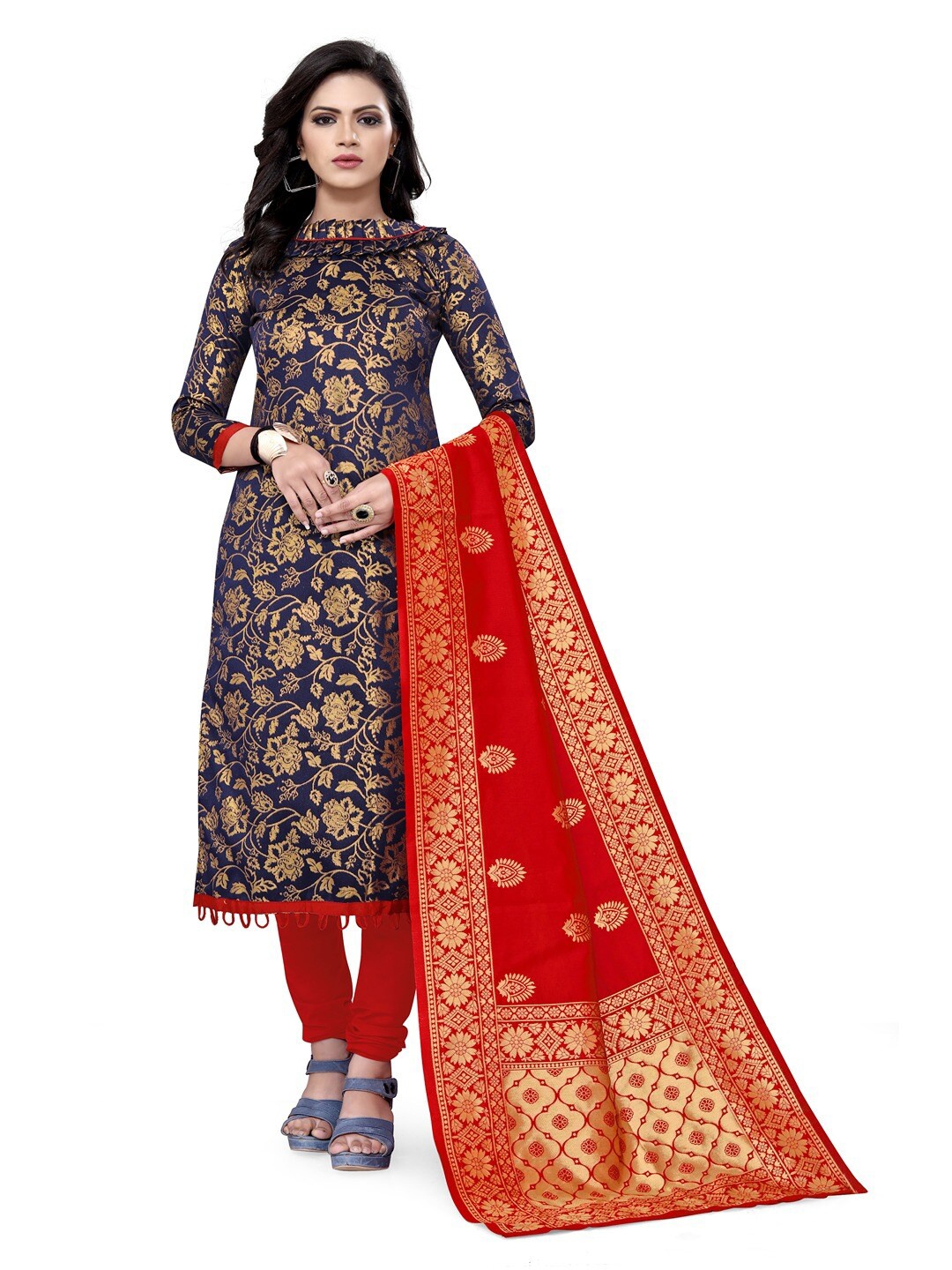 

Angroop Jacquard Work Banarasi Silk Woven Design Unstitched Dress Material, Blue