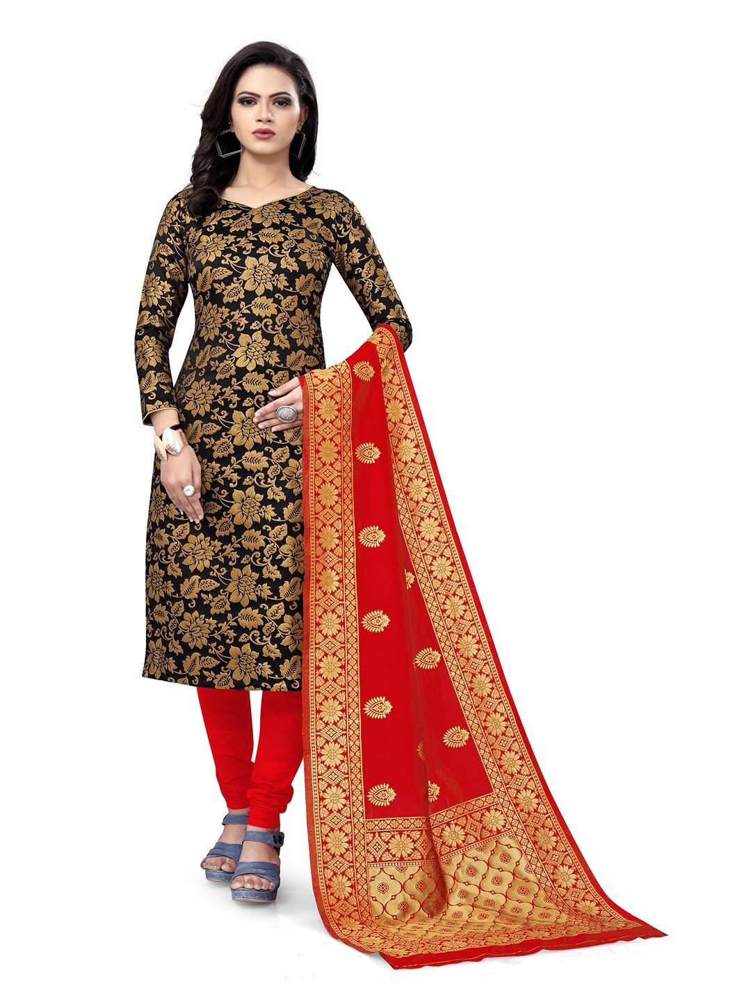 

Angroop Banarasi Silk Unstitched Dress Material, Black