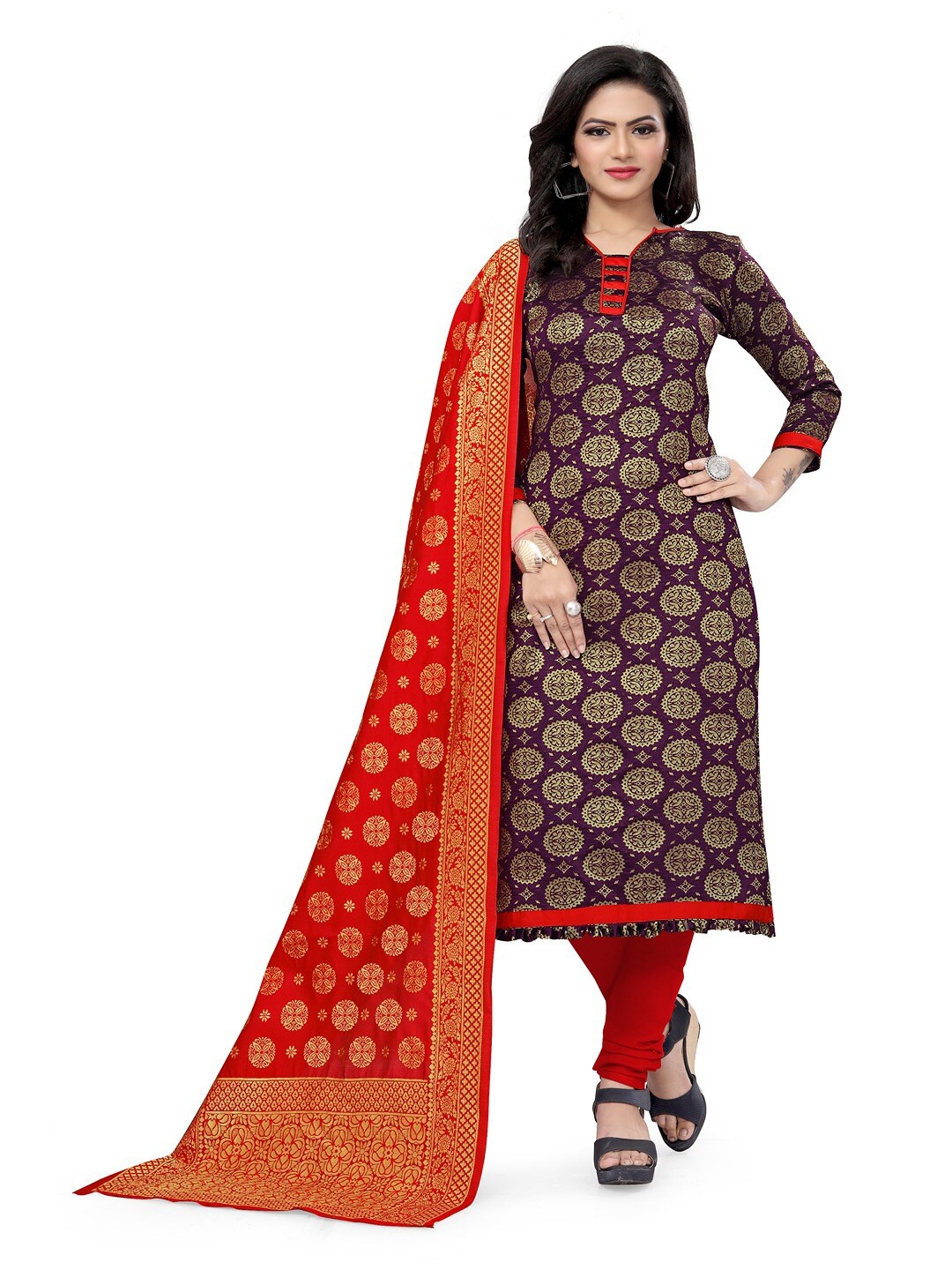 

Angroop Banarasi Silk Unstitched Dress Material, Purple