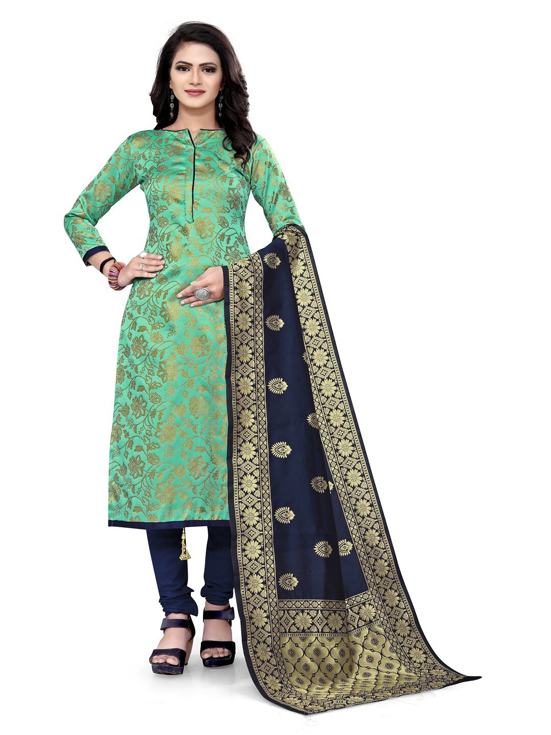 

Angroop Banarasi Silk Unstitched Dress Material, Sea green
