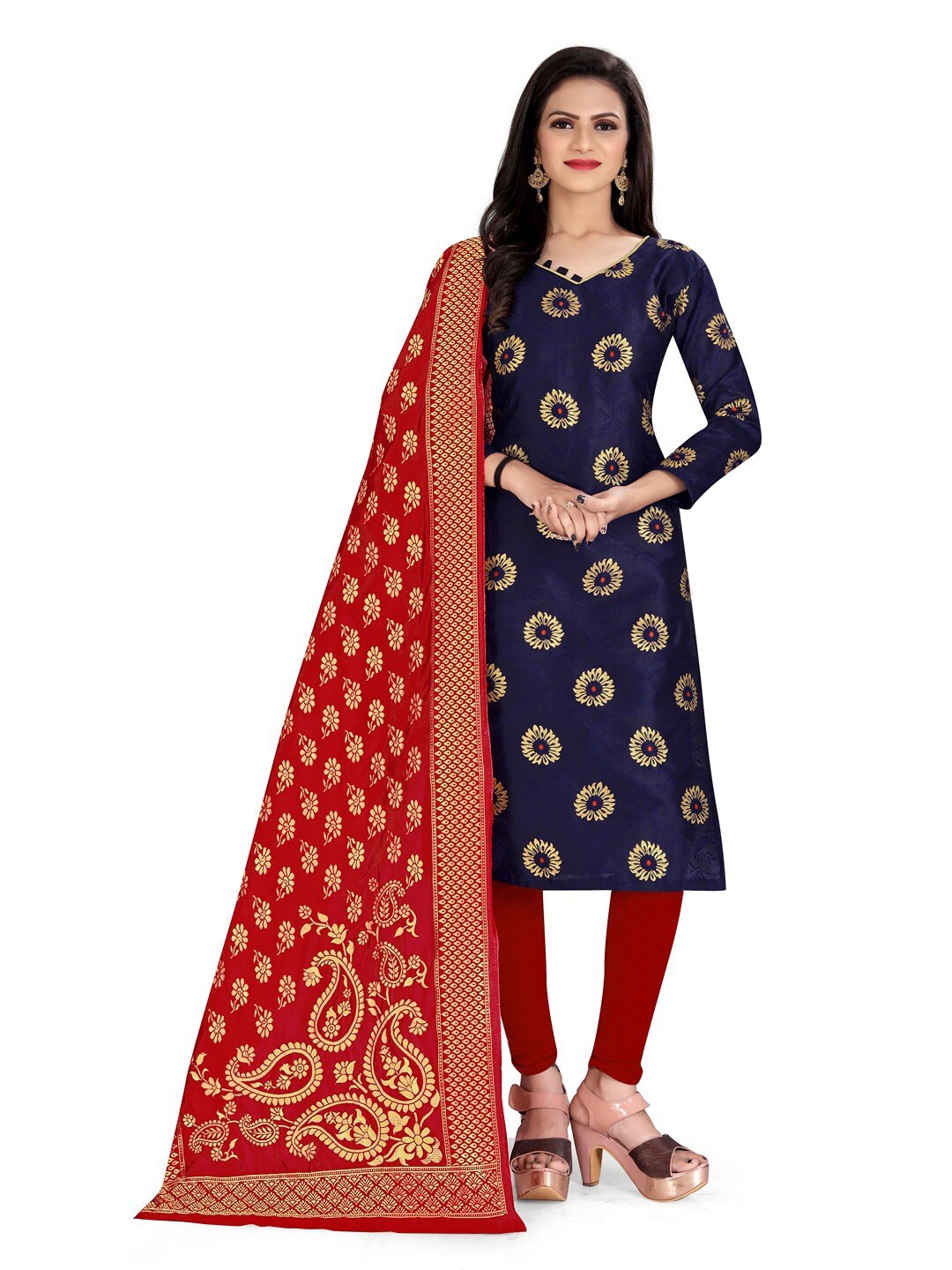 

Angroop Jacquard Work Banarasi Silk Woven Design Unstitched Dress Material, Blue