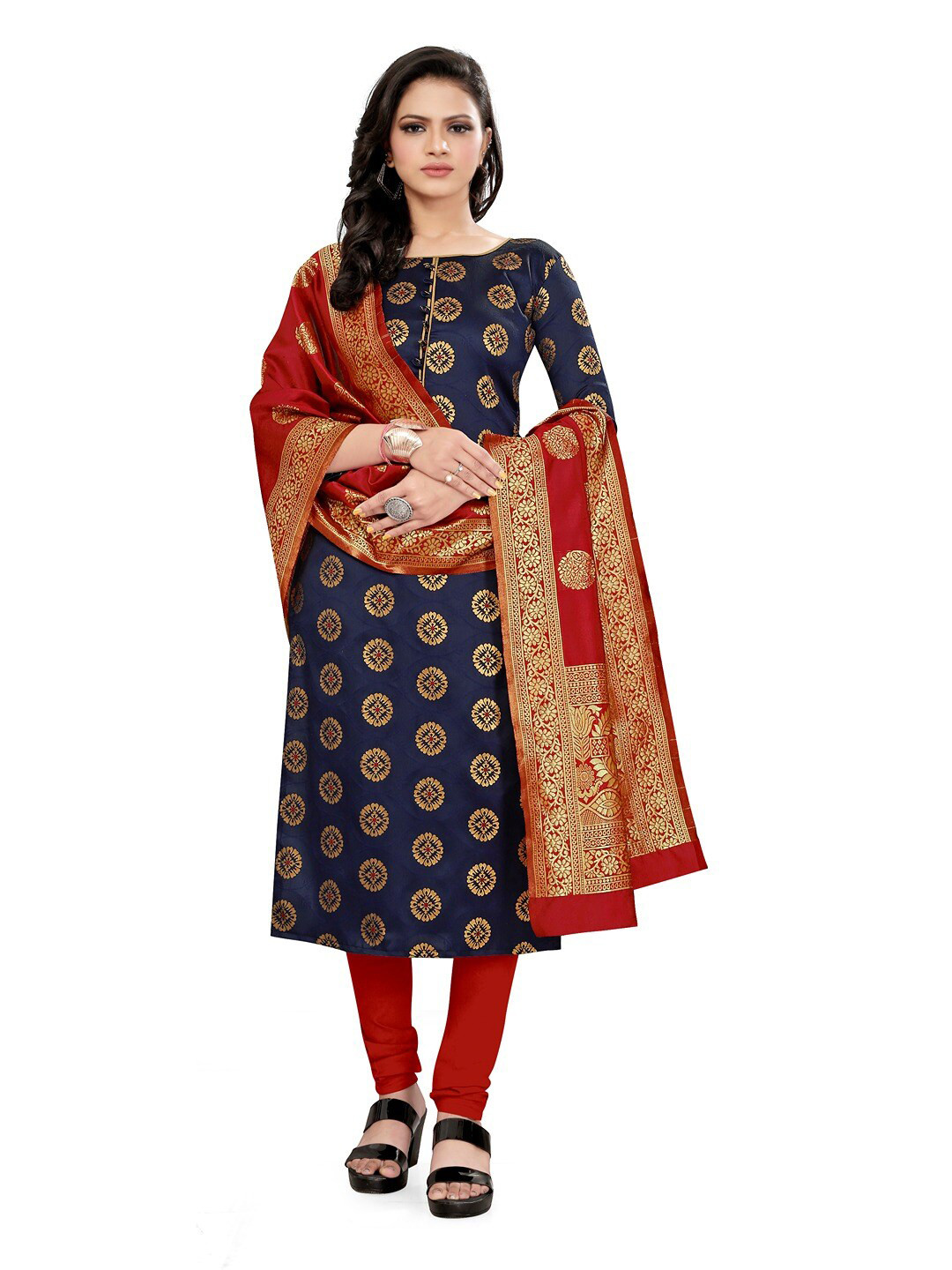 

Angroop Banarasi Silk Unstitched Dress Material, Blue