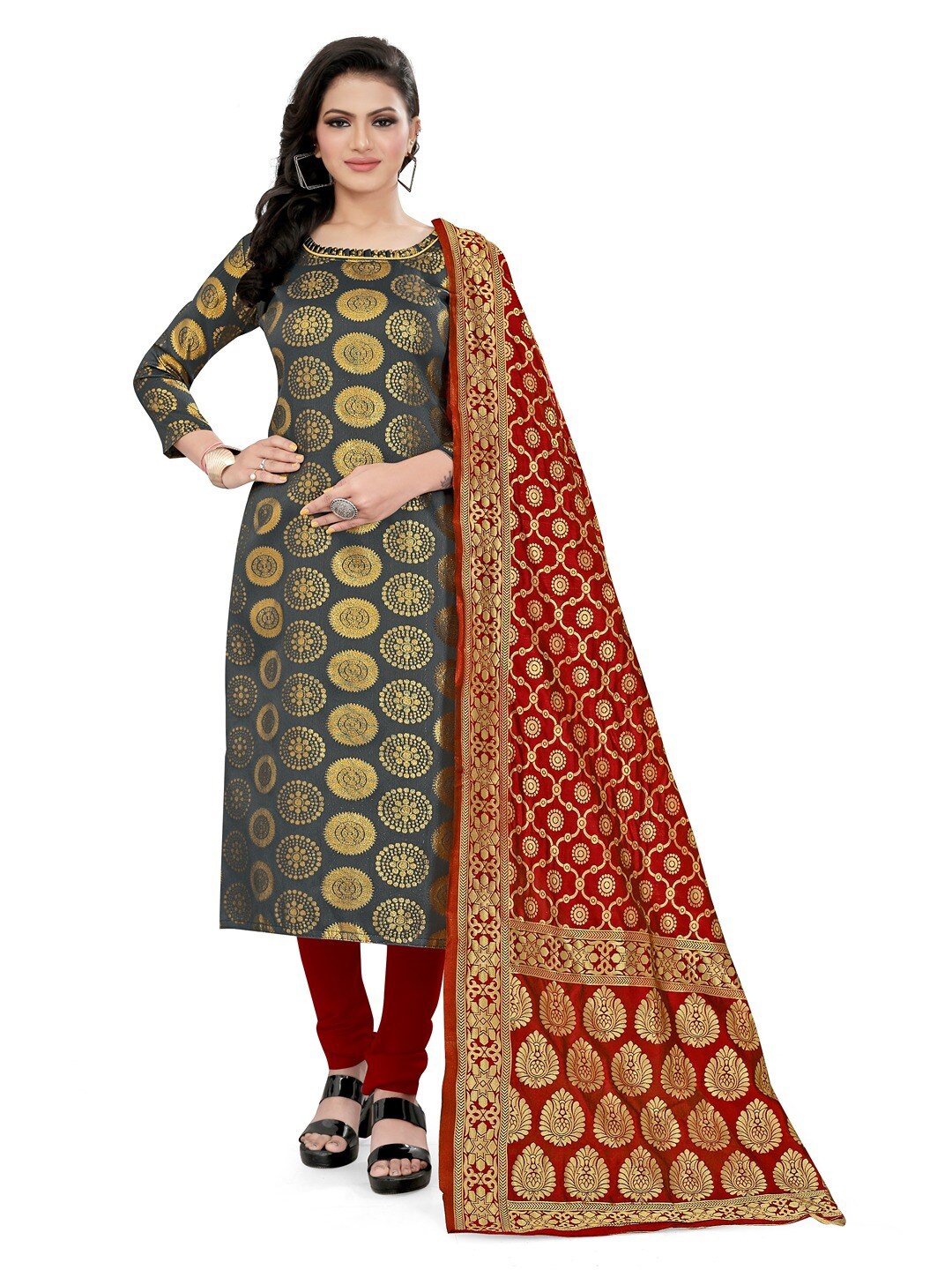 

Angroop Banarasi Silk Unstitched Dress Material, Grey