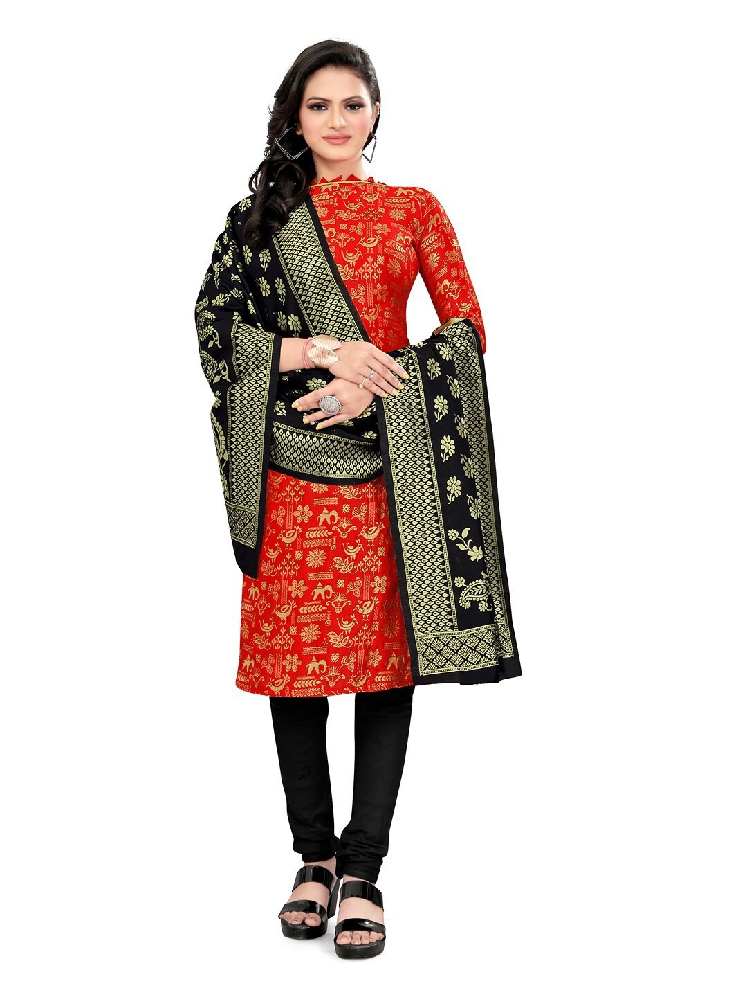 

Angroop Banarasi Silk Unstitched Dress Material, Red