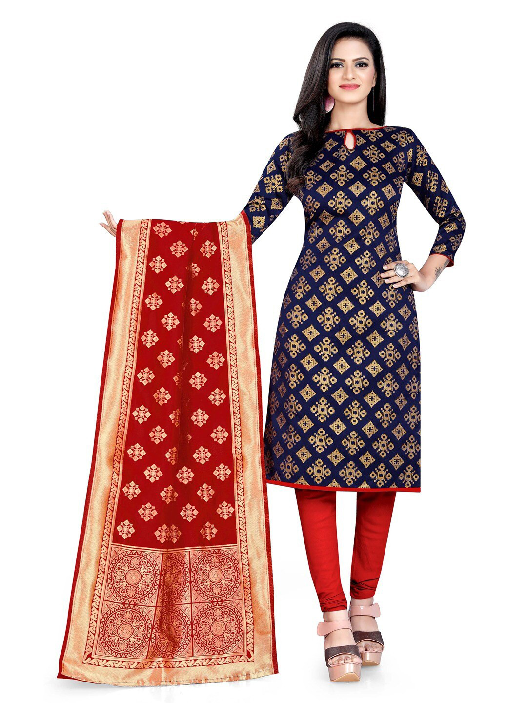 

Angroop Ethnic Motifs Unstitched Dress Material, Navy blue