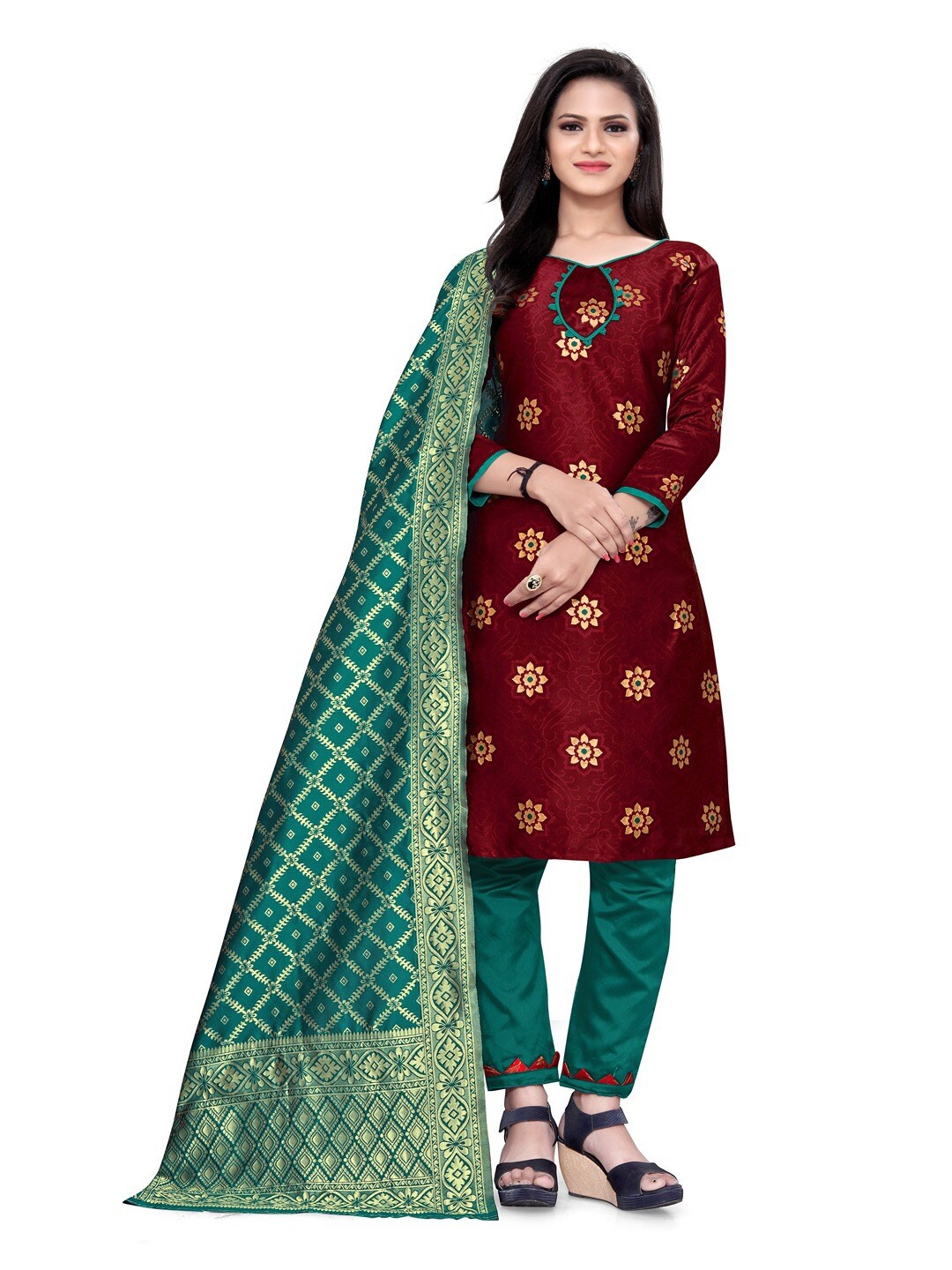 

Angroop Banarasi Silk Unstitched Dress Material, Maroon
