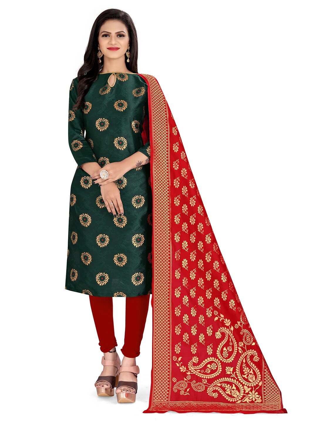 

Angroop Banarasi Silk Unstitched Dress Material, Green