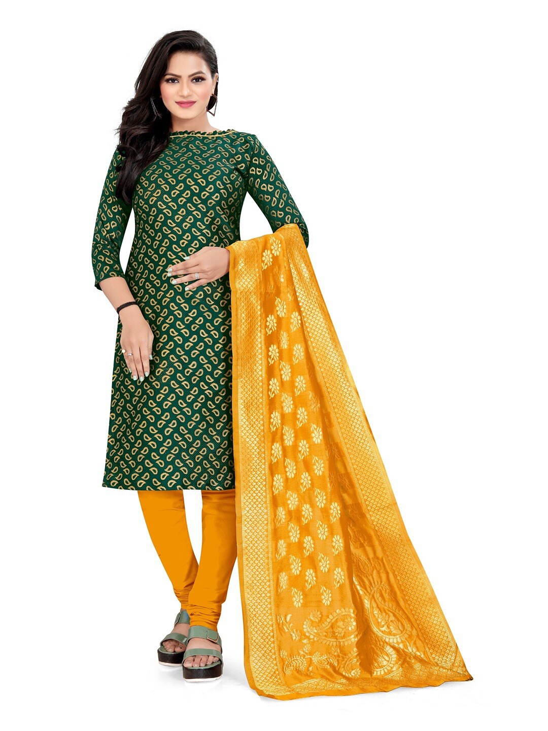 

Angroop Banarasi Silk Unstitched Dress Material, Green