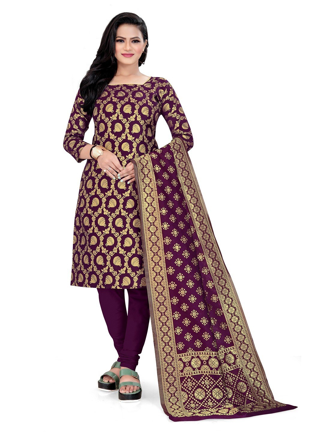 

Angroop Banarasi Silk Unstitched Dress Material, Purple