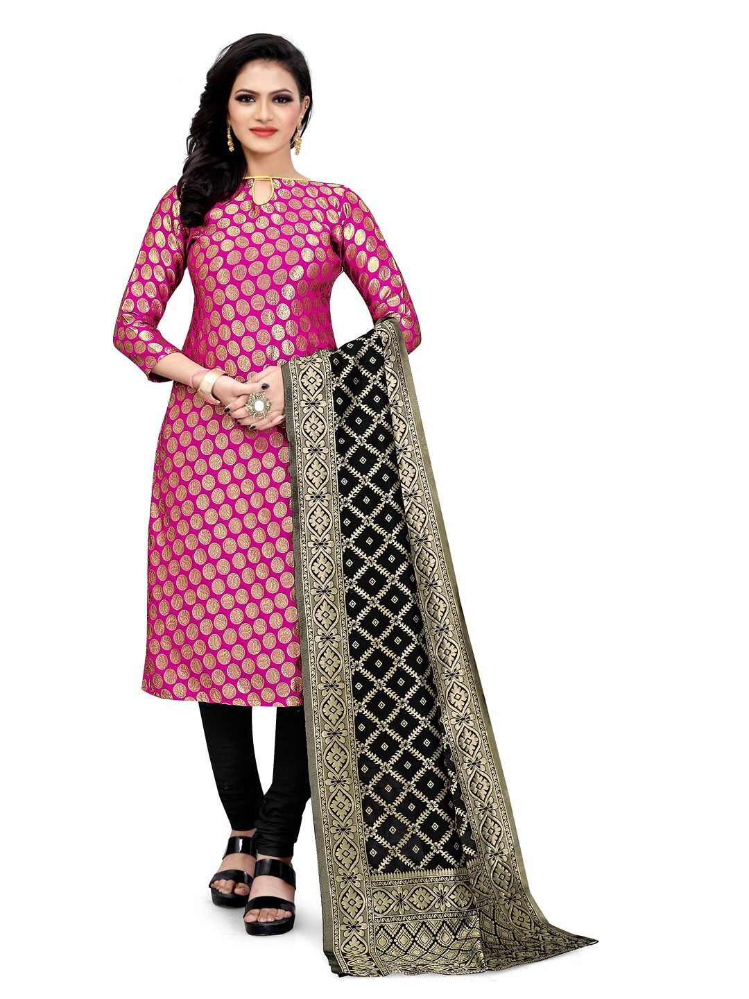 

Angroop Banarasi Silk Unstitched Dress Material, Pink