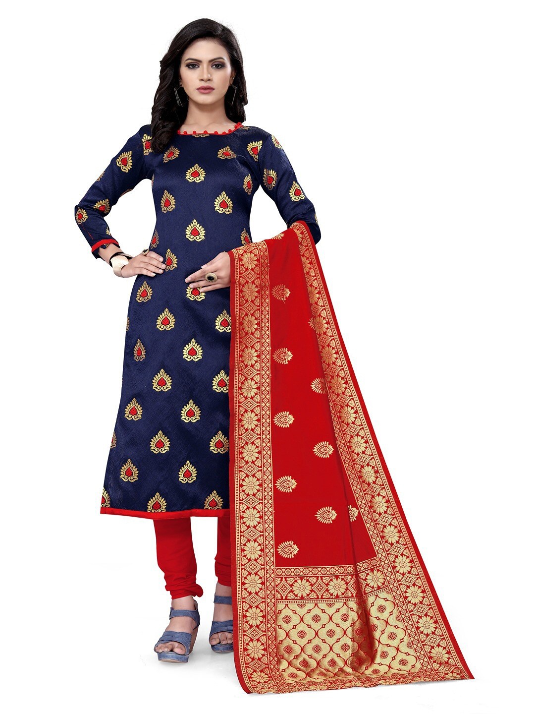 

Angroop Banarasi Silk Unstitched Dress Material, Blue