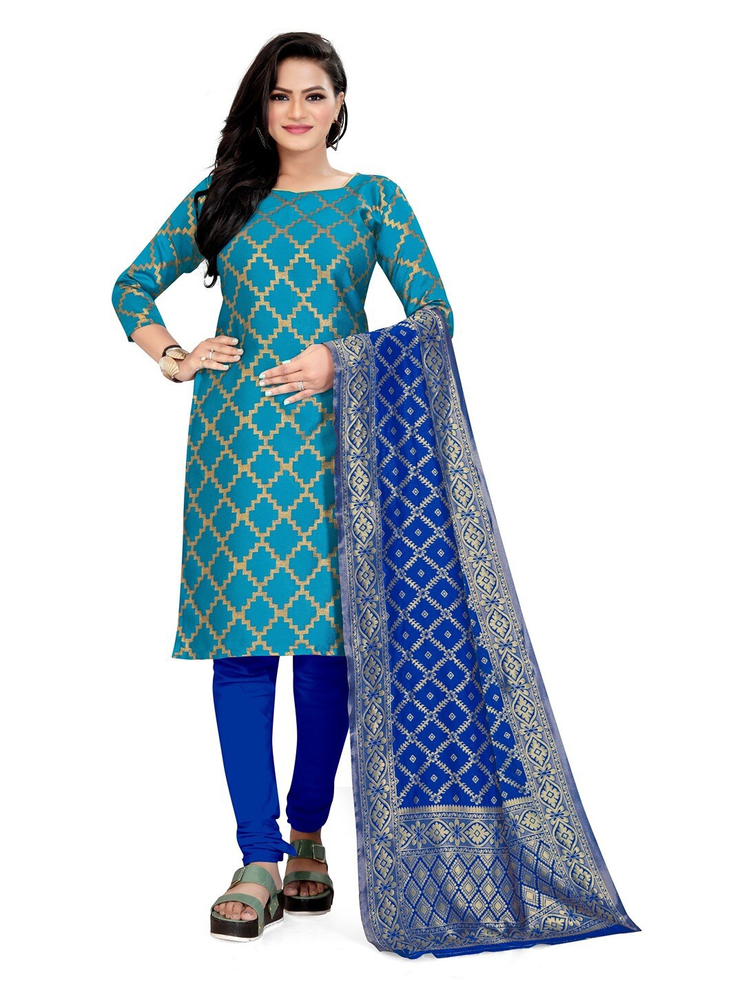 

Angroop Jacquard Work Banarasi Silk Woven Design Unstitched Dress Material, Blue