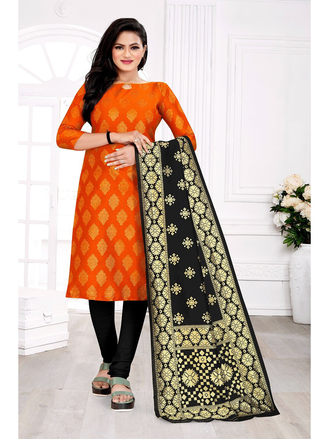 

Angroop Jacquard Work Banarasi Silk Woven Design Unstitched Dress Material, Orange