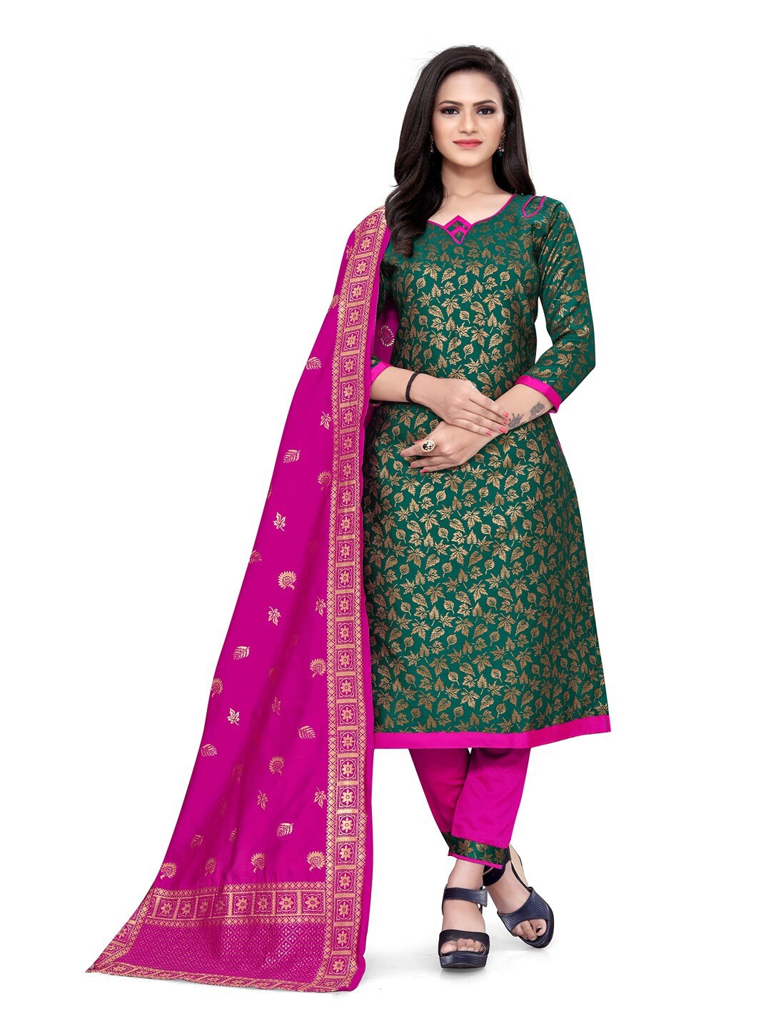 

Angroop Jacquard Work Banarasi Silk Woven Design Unstitched Dress Material, Green