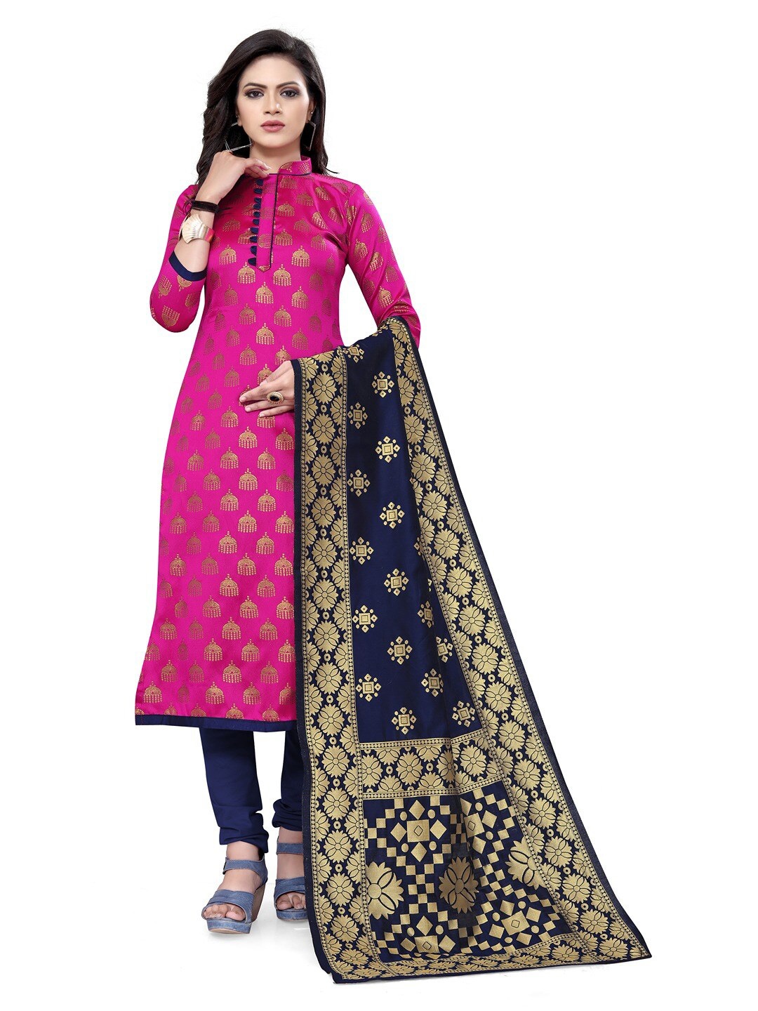 

Angroop Ethnic Motifs Woven Design Banarasi Silk Unstitched Dress Material, Pink