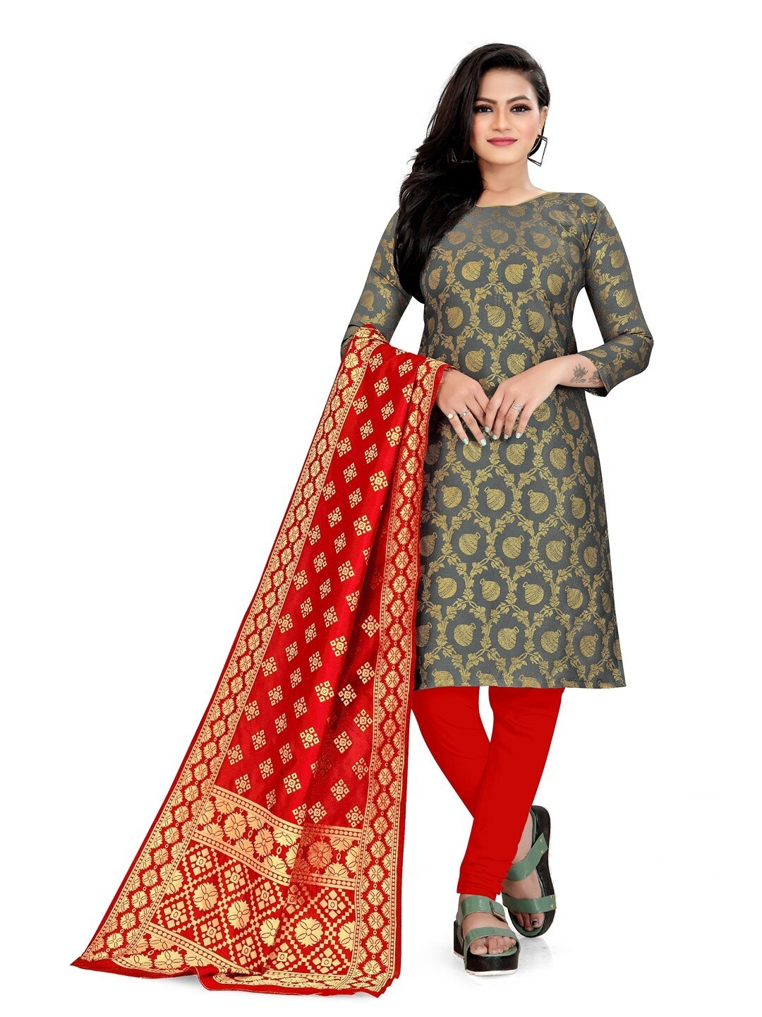 

Angroop Ethnic Motifs Woven Design Banarasi Silk Unstitched Dress Material, Grey