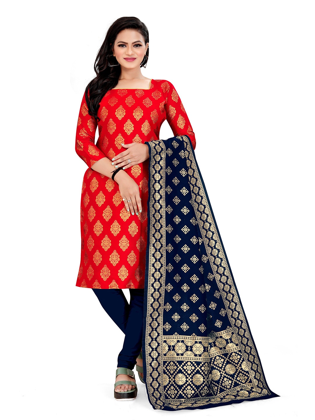 

Angroop Ethnic Motifs Woven Design Banarasi Silk Unstitched Dress Material, Red