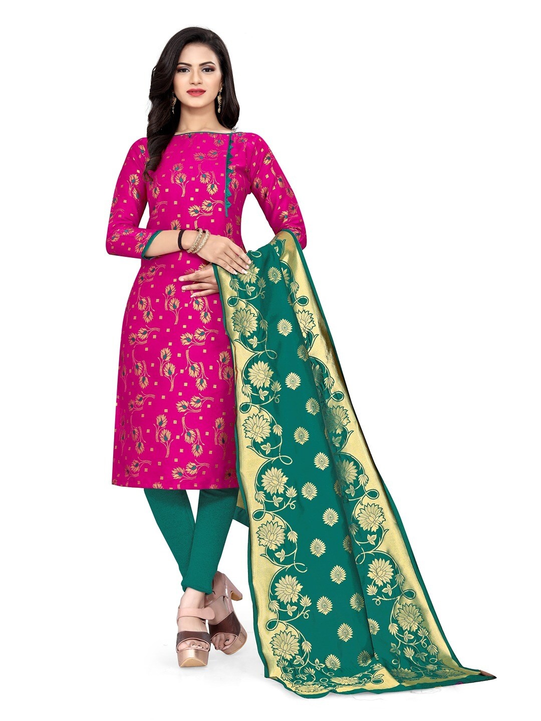 

Angroop Jacquard Unstitched Dress Material, Pink