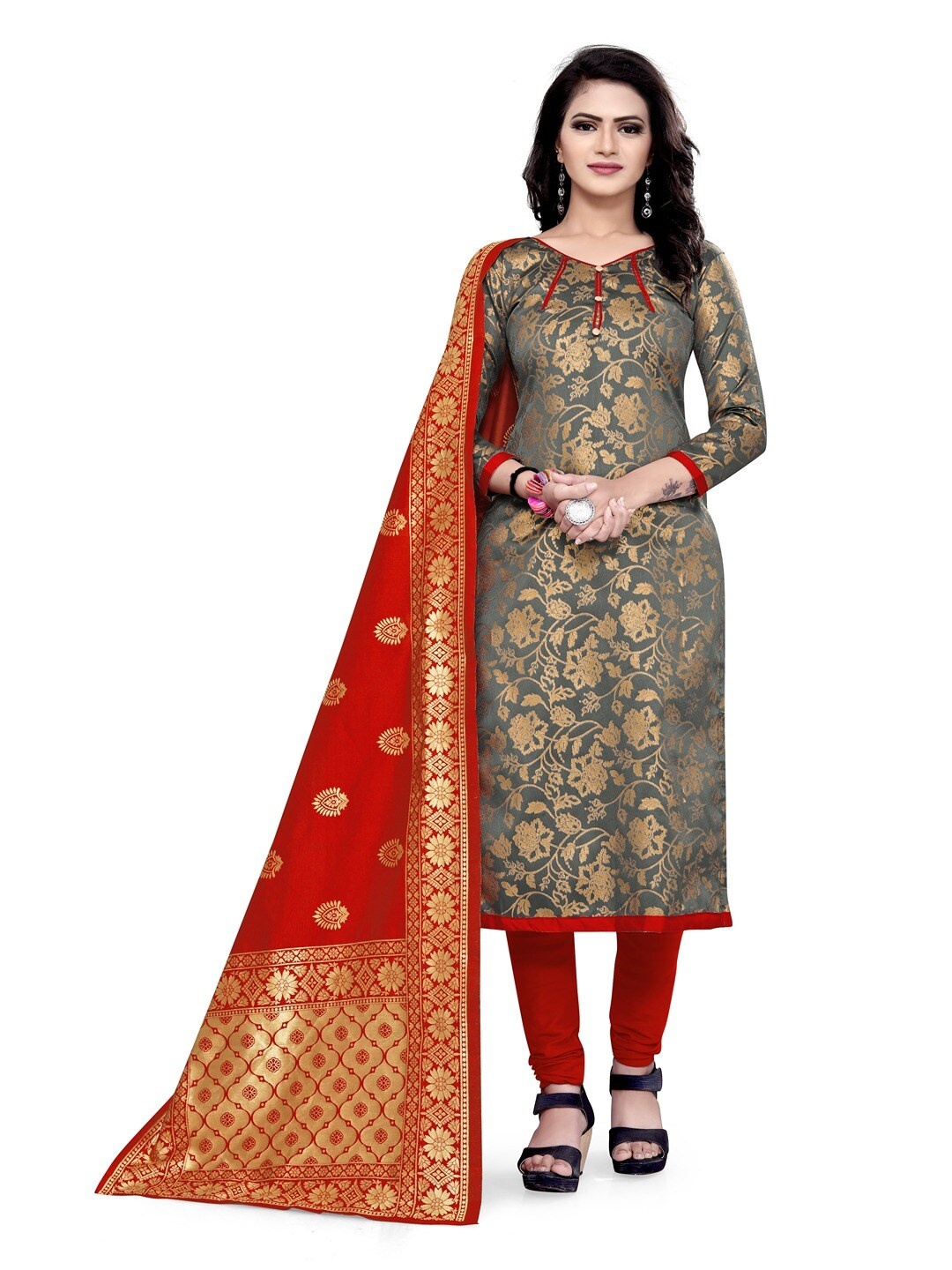 

Angroop Jacquard Work Banarasi Silk Woven Design Unstitched Dress Material, Grey