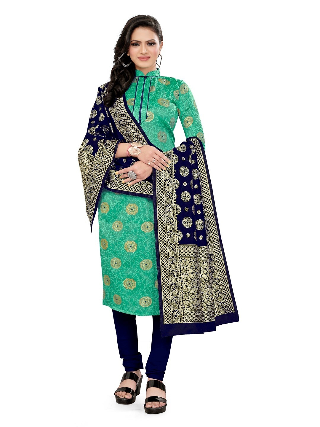 

Angroop Banarasi Silk Unstitched Dress Material, Green