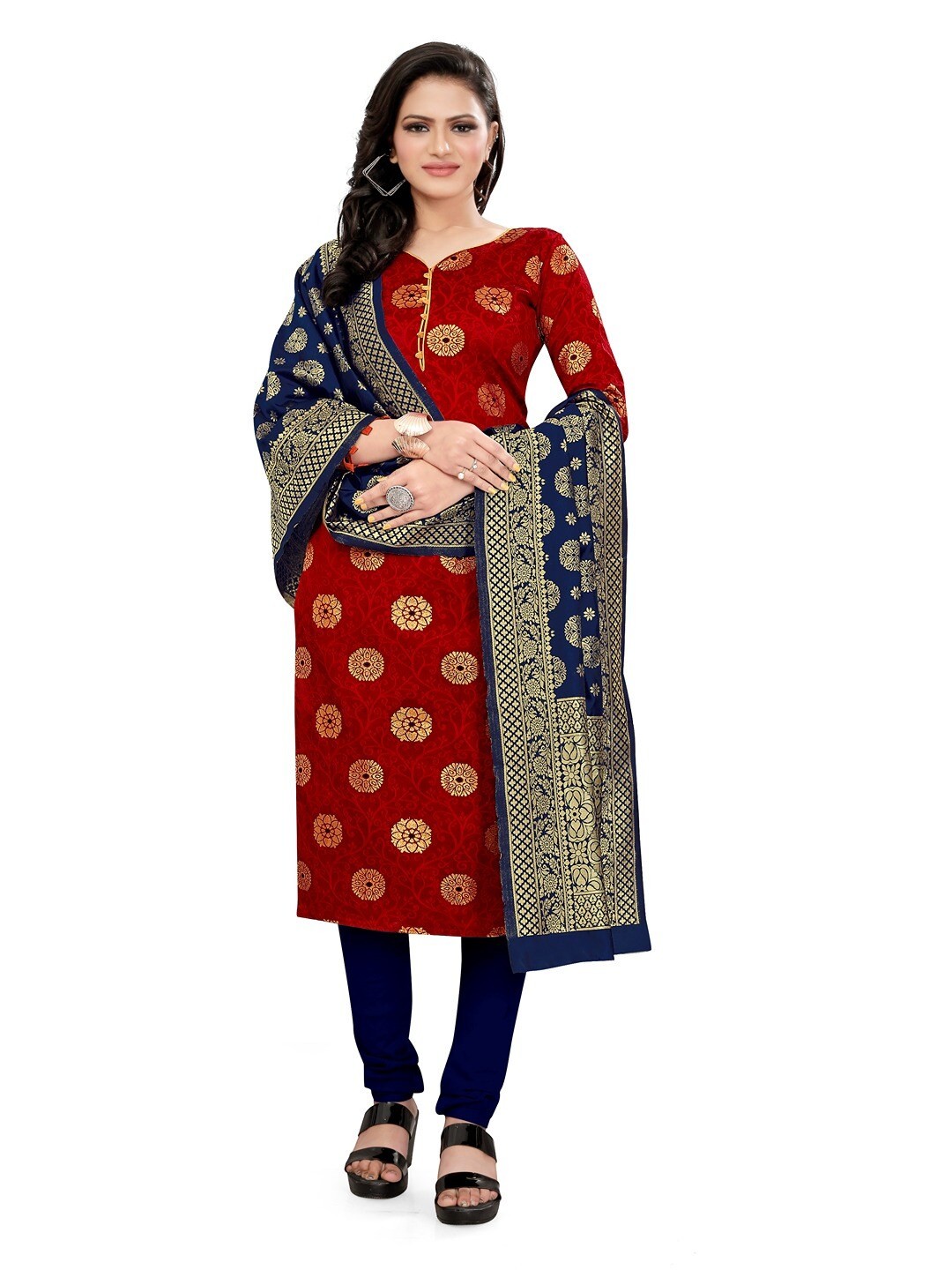 

Angroop Banarasi Silk Unstitched Dress Material, Red