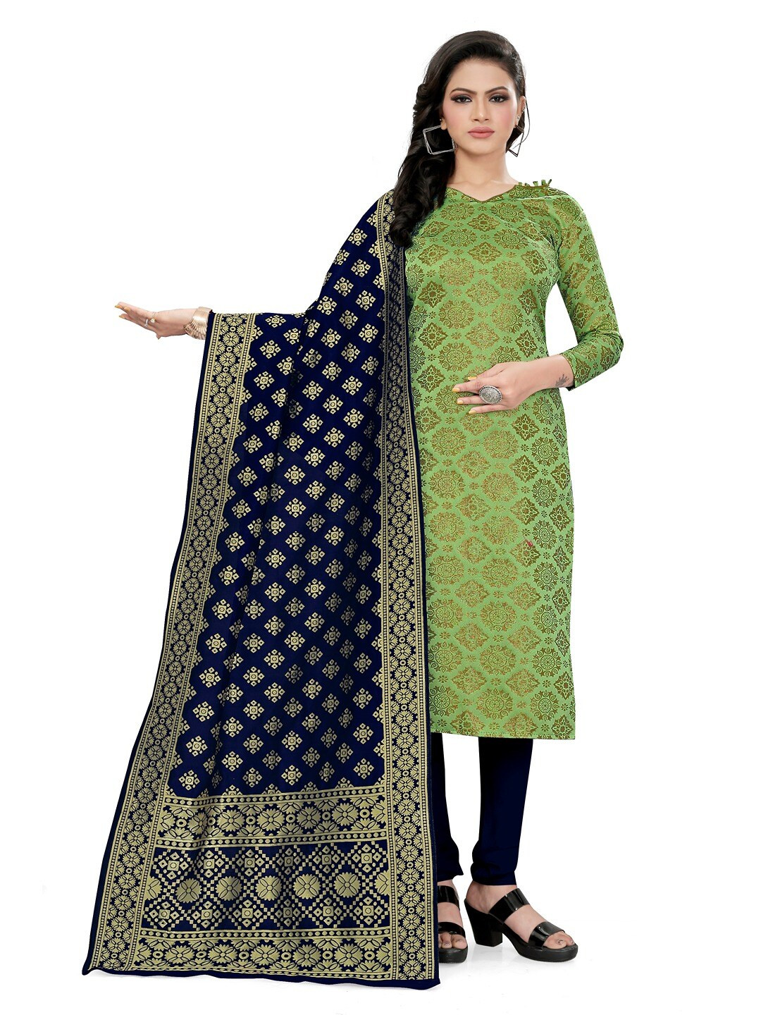 

Angroop Banarasi Silk Unstitched Dress Material, Green