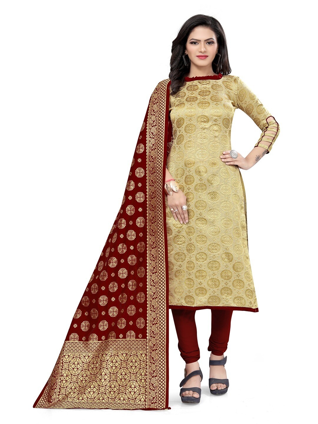 

Angroop Banarasi Silk Unstitched Dress Material, Cream