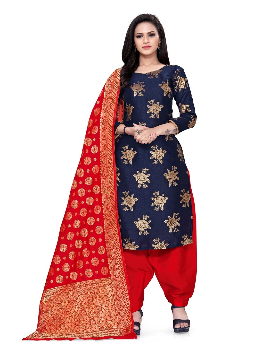 

Angroop Banarasi Silk Unstitched Dress Material, Blue
