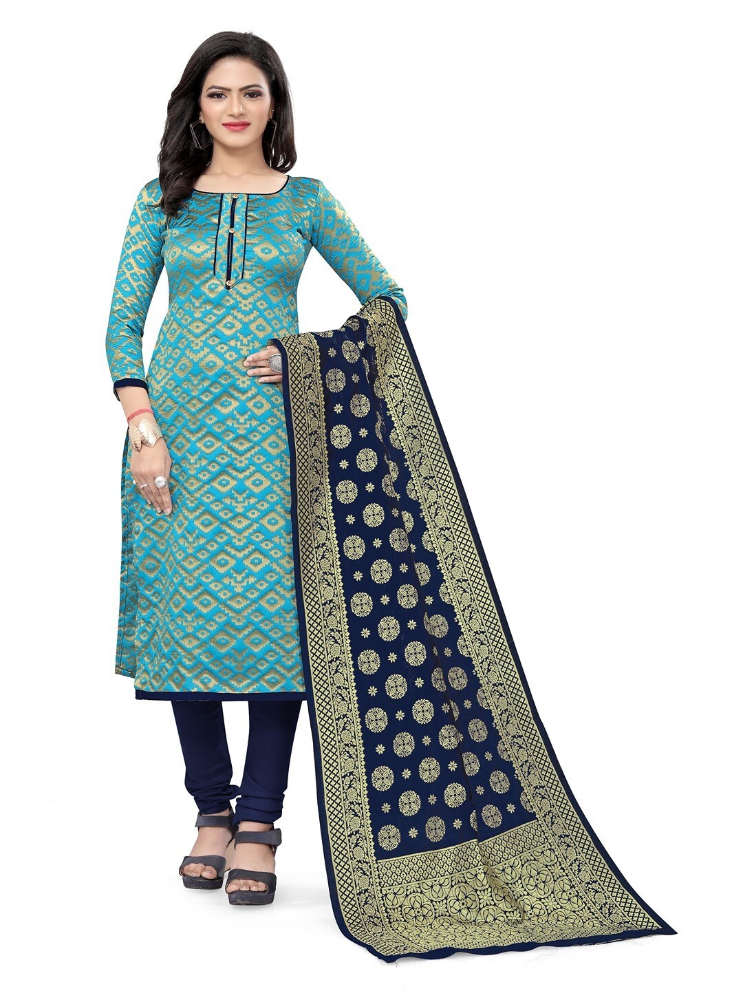 

Angroop Banarasi Silk Unstitched Dress Material, Blue