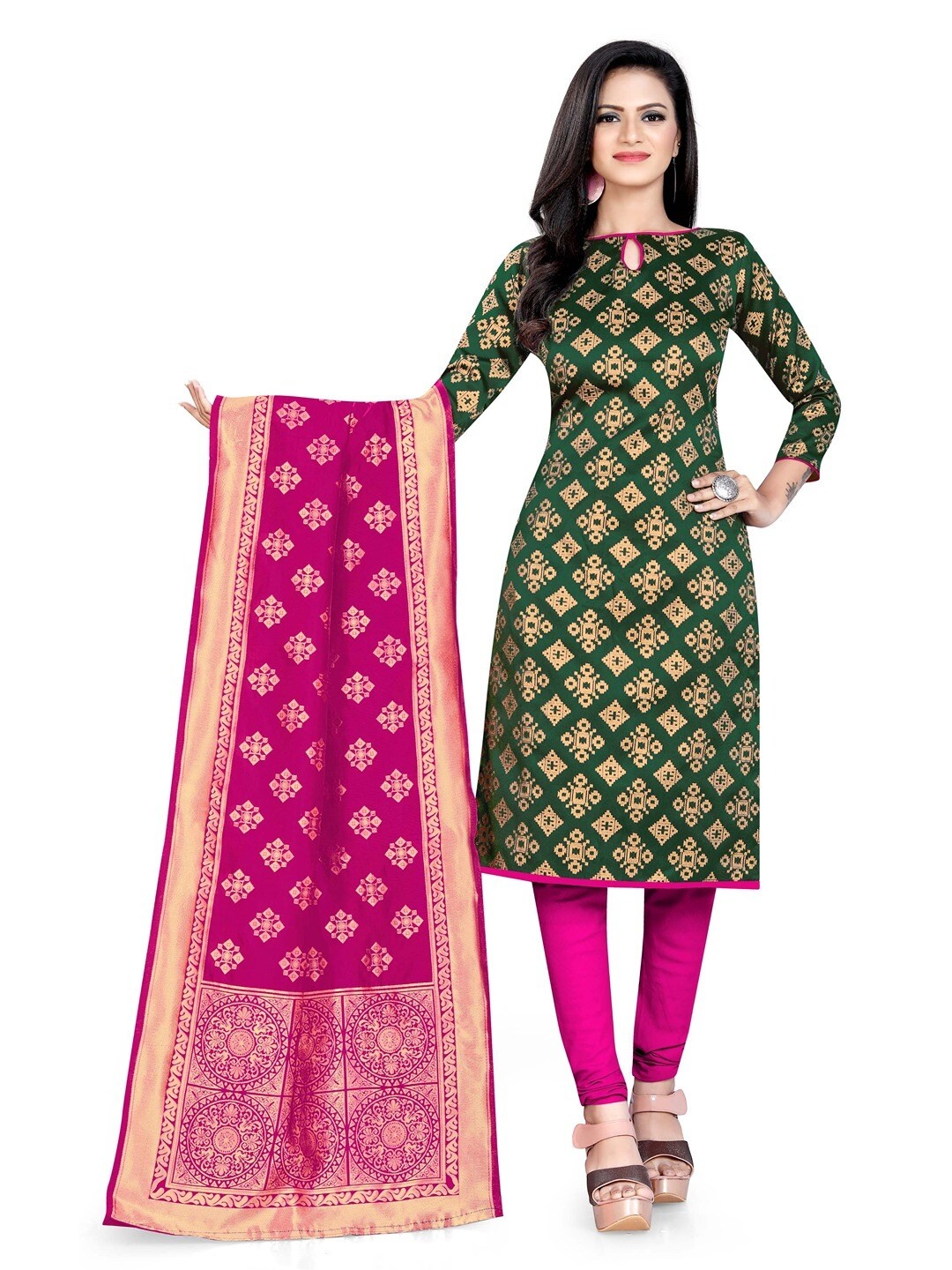 

Angroop Banarasi Silk Unstitched Dress Material, Green