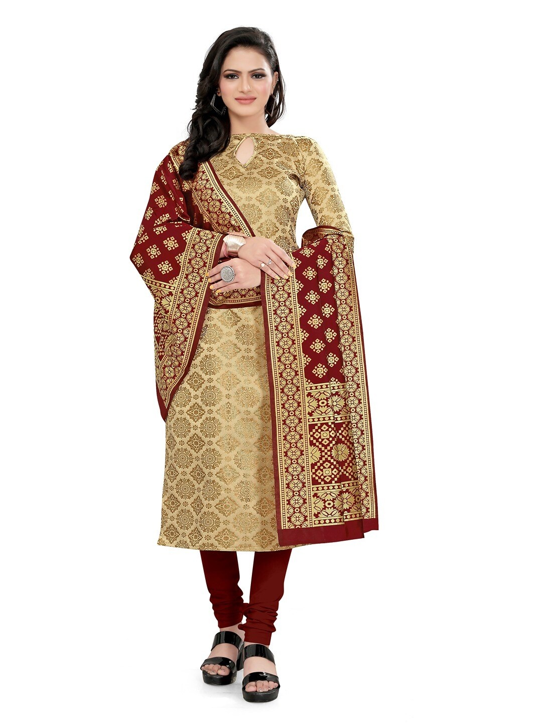 

Angroop Ethnic Motifs Unstitched Dress Material, Cream