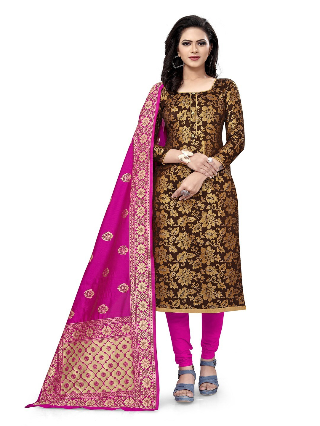 

Angroop Banarasi Silk Unstitched Dress Material, Brown