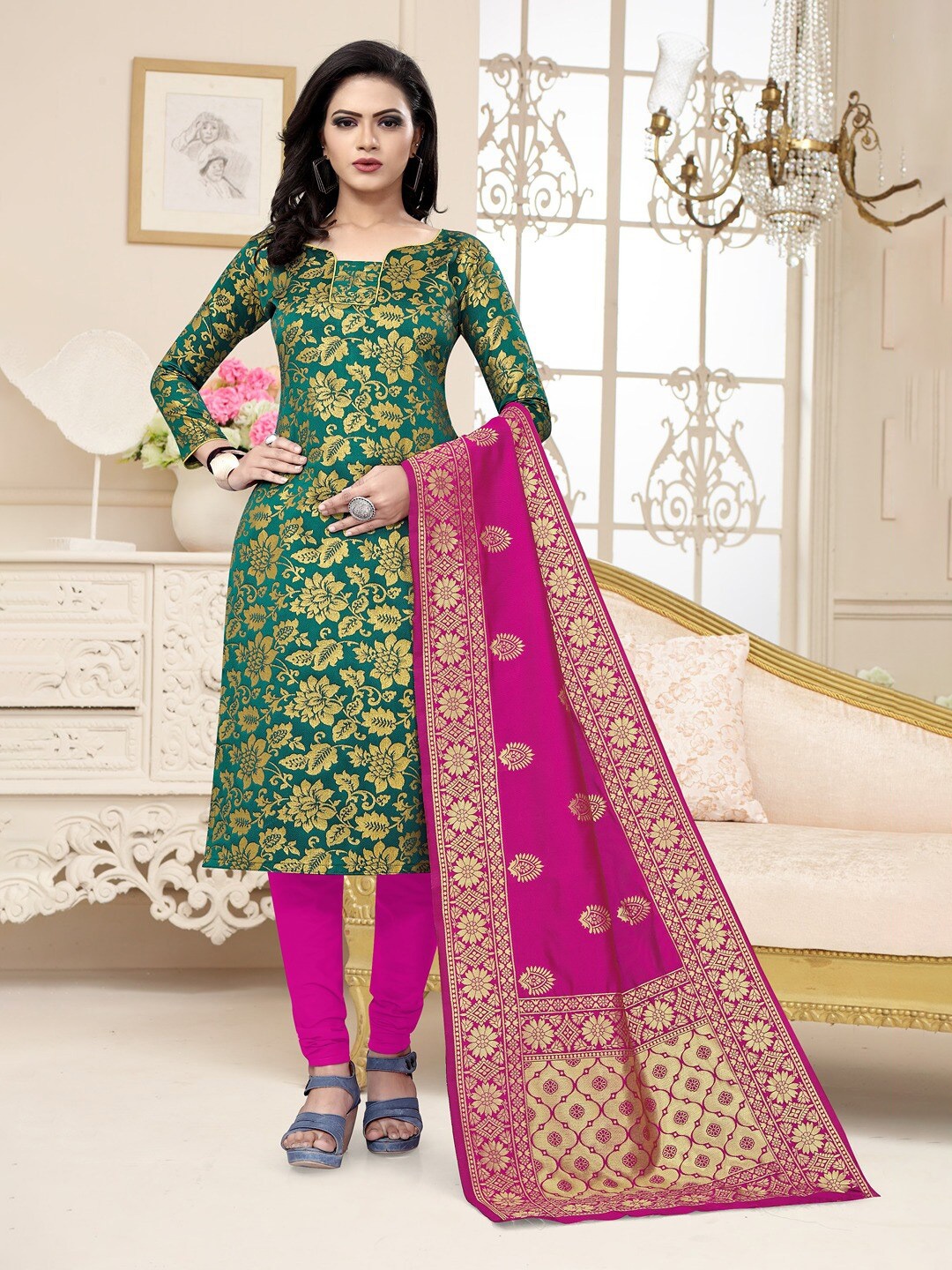 

Angroop Banarasi Silk Unstitched Dress Material, Green