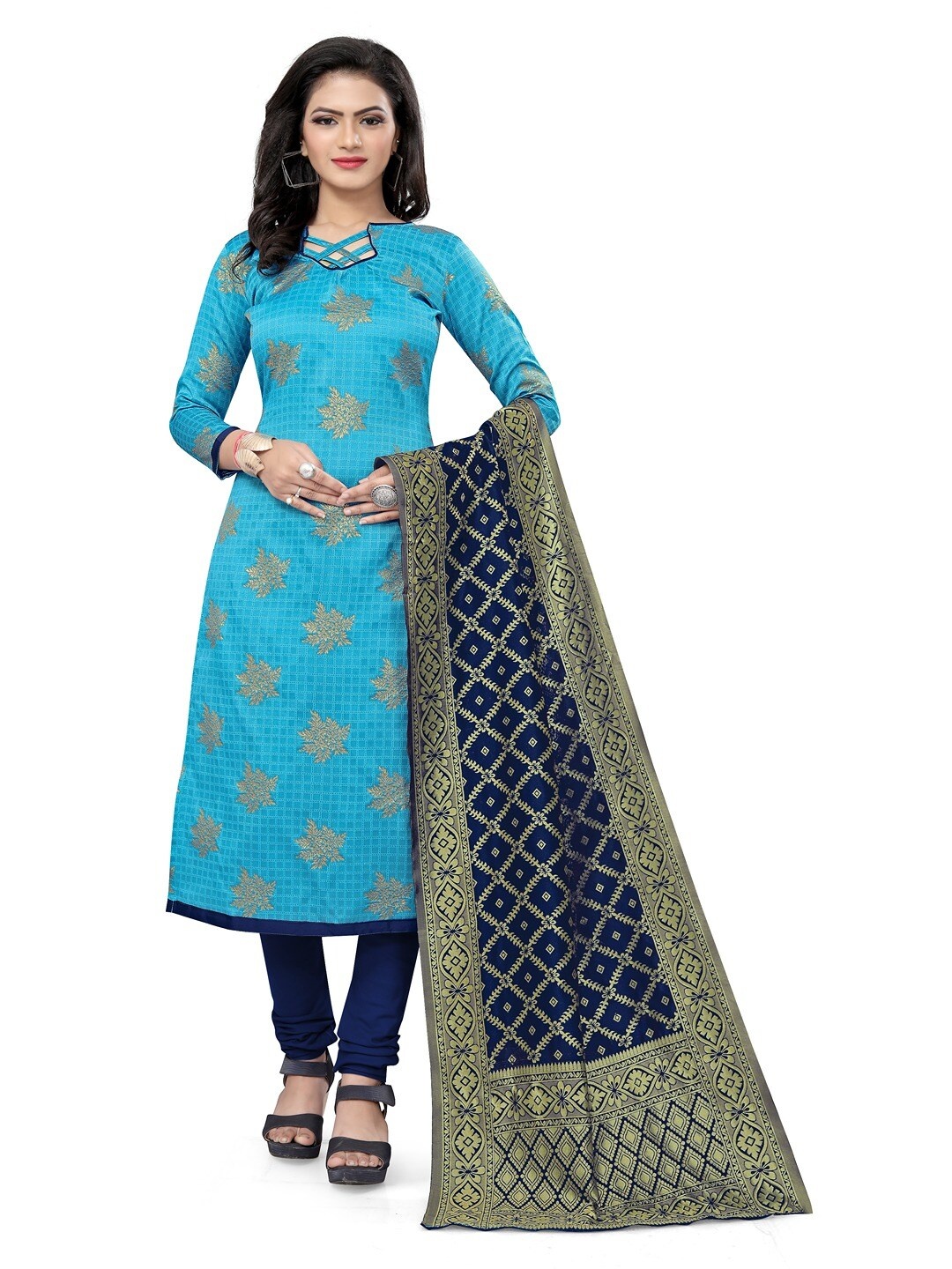 

Angroop Banarasi Silk Unstitched Dress Material, Blue