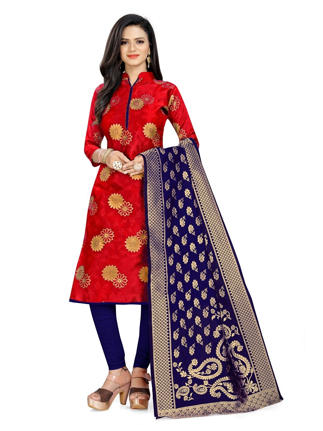 

Angroop Banarasi Silk Unstitched Dress Material, Red