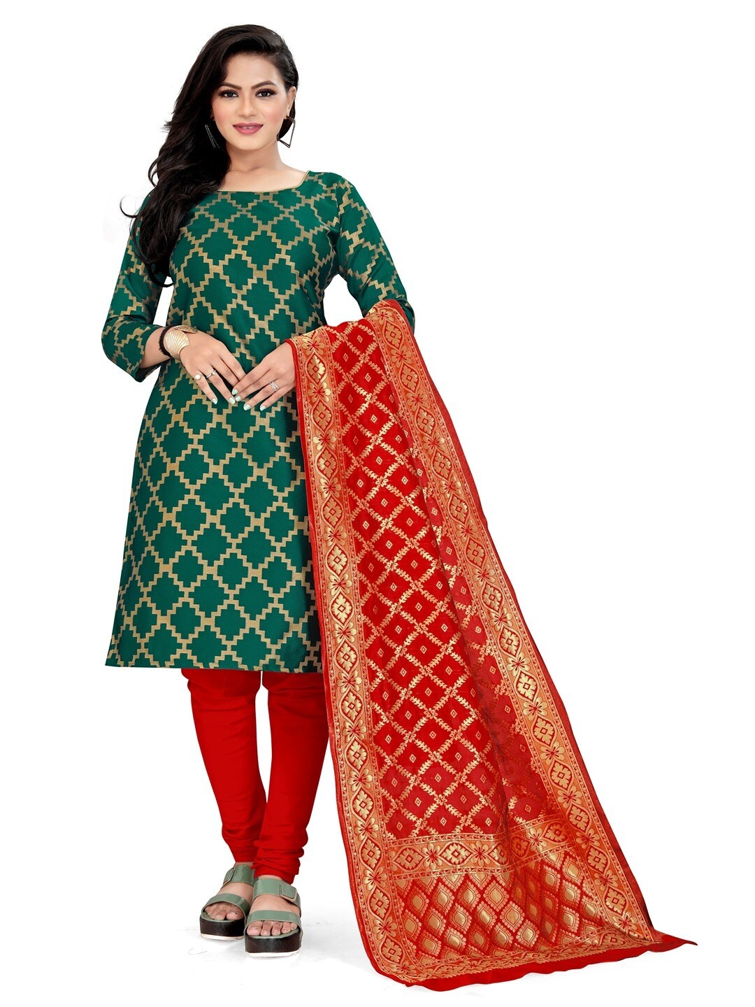 

Angroop Banarasi Silk Unstitched Dress Material, Green