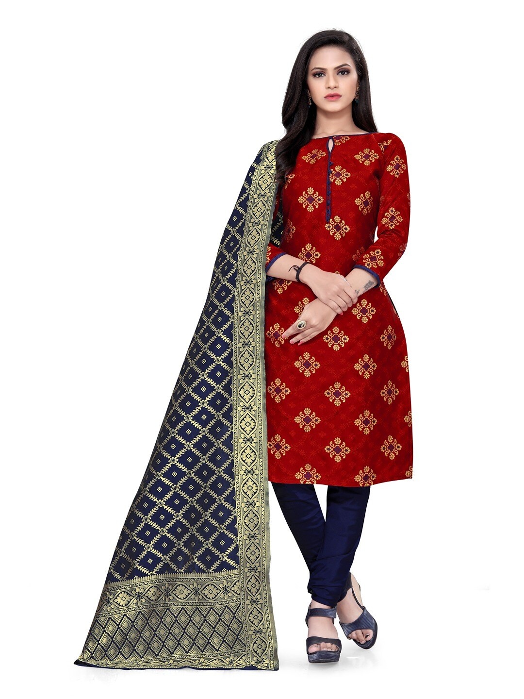 

Angroop Jacquard Work Banarasi Silk Woven Design Unstitched Dress Material, Red