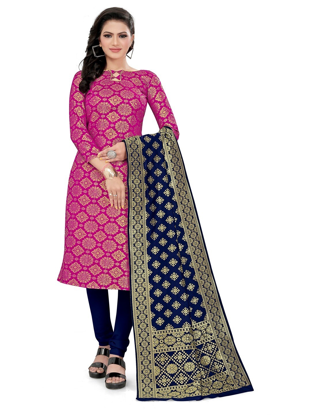 

Angroop Jacquard Work Banarasi Silk Woven Design Unstitched Dress Material, Pink