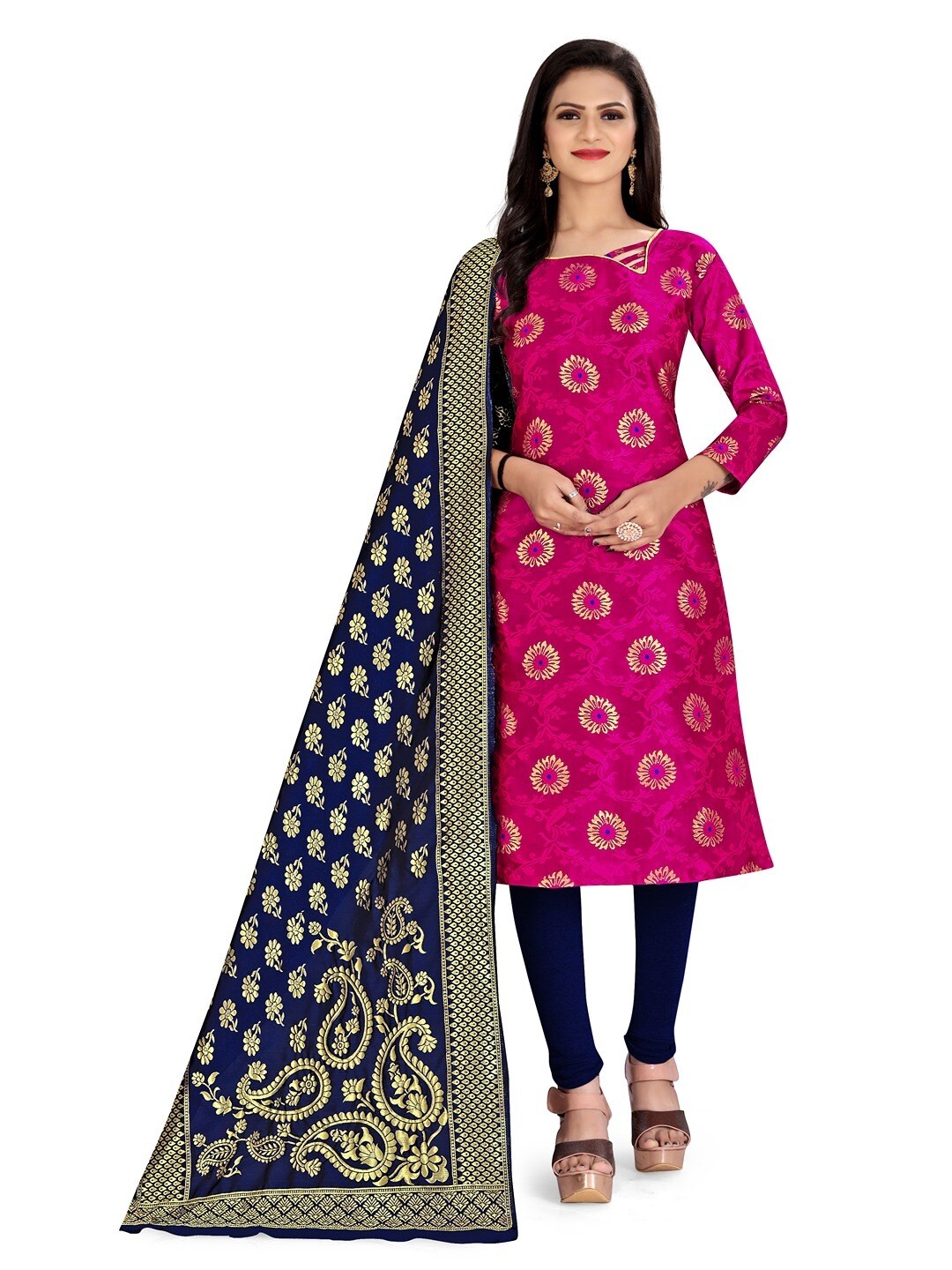 

Angroop Jacquard Work Banarasi Silk Woven Design Unstitched Dress Material, Pink