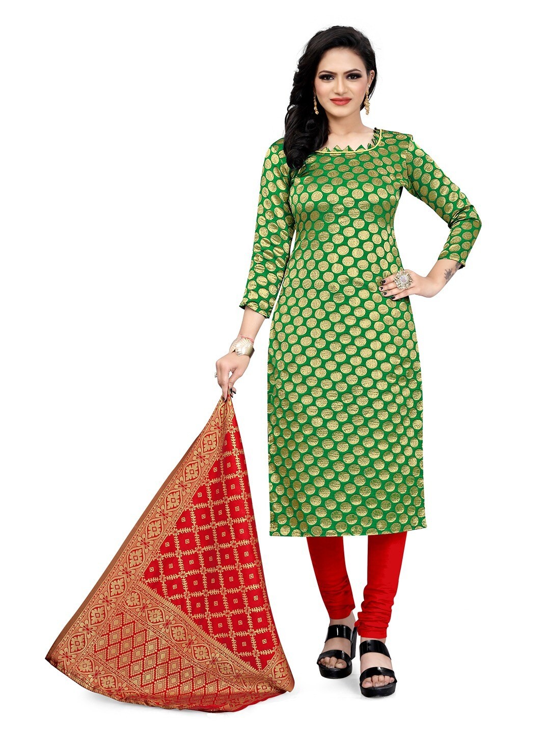 

Angroop Jacquard Work Banarasi Silk Woven Design Unstitched Dress Material, Green