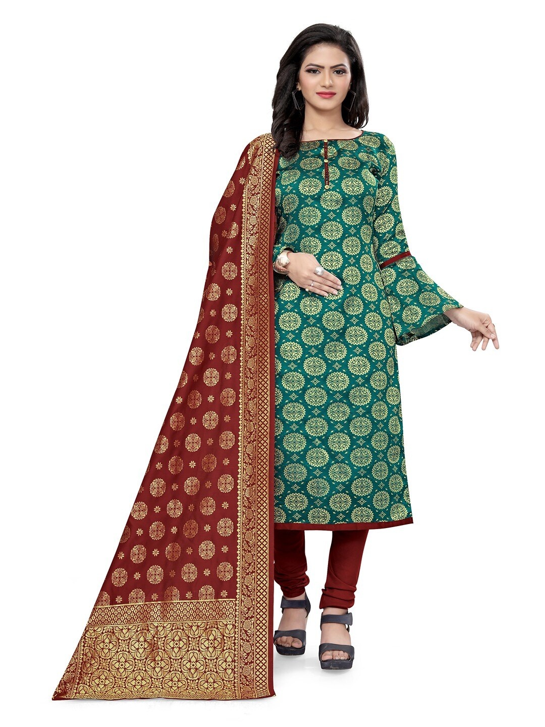 

Angroop Banarasi Silk Unstitched Dress Material, Green