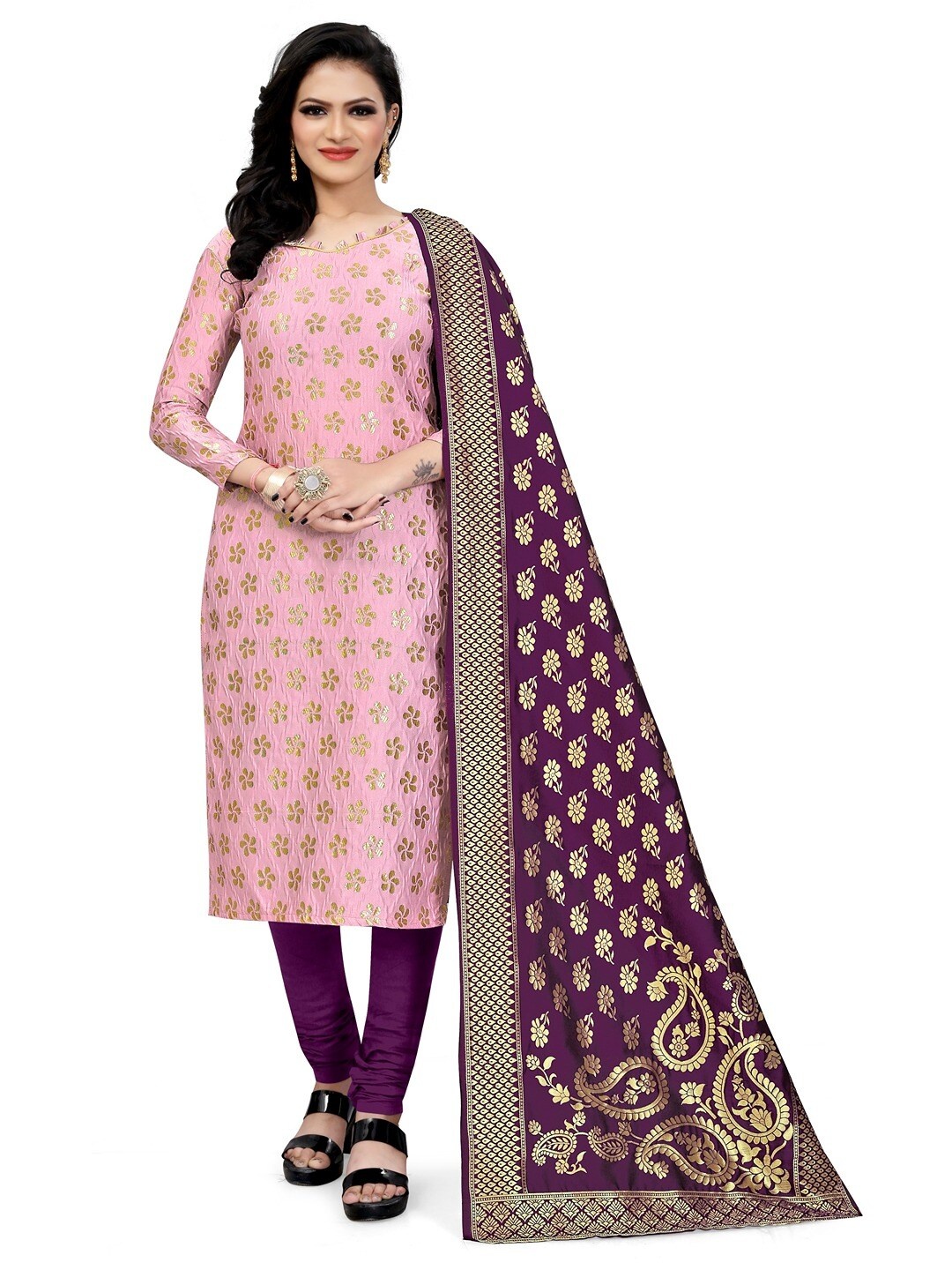 

Angroop Banarasi Silk Unstitched Dress Material, Pink